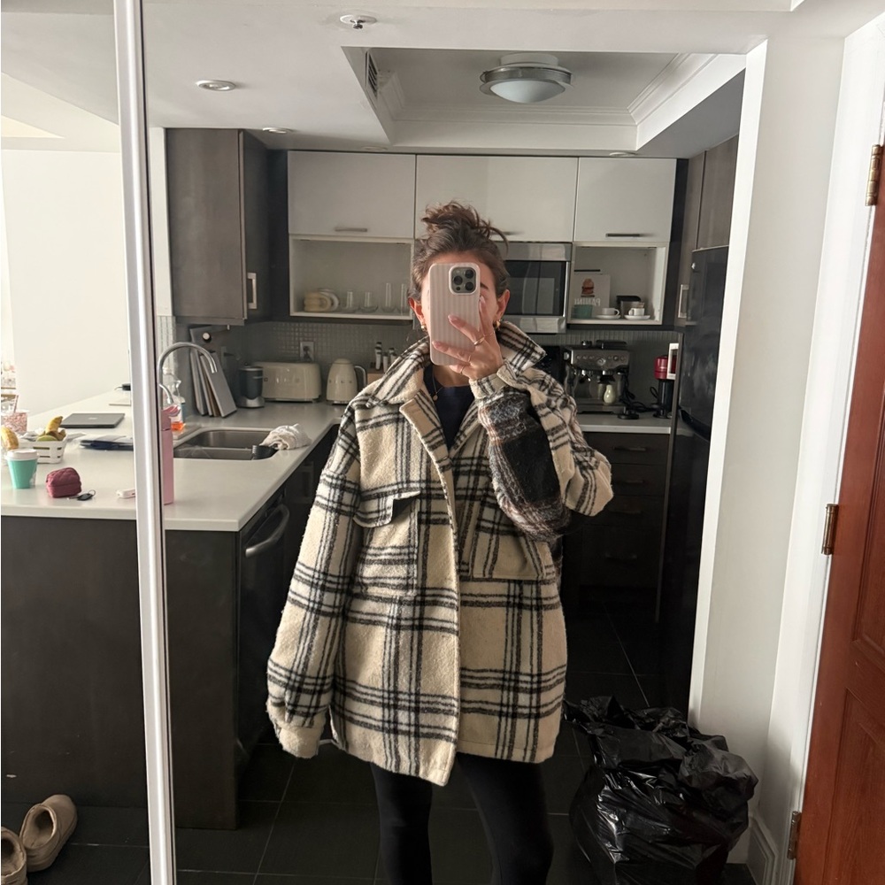 Plaid Shacket Jacket in Cream and Black - Women's Oversized Coat from ASOS